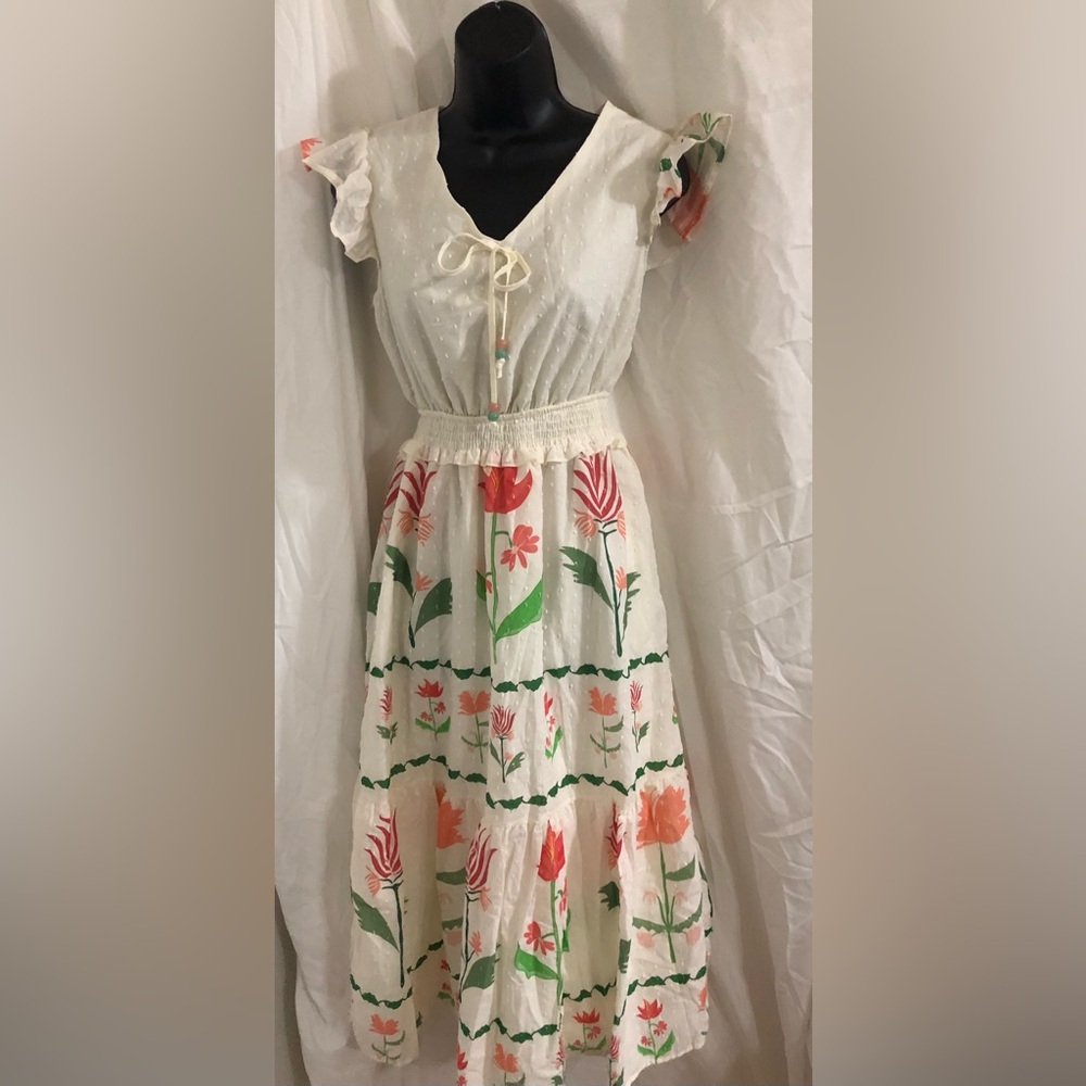 Cream multi floral‎ v-neck ruffled shoulder smocked dress size Small brand new - Picture 13 of 16